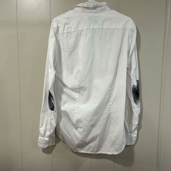 Zara Man Men’s Large Slim Fit White Button Down Shirt Plaid Elbow Patches - Picture 2 of 7